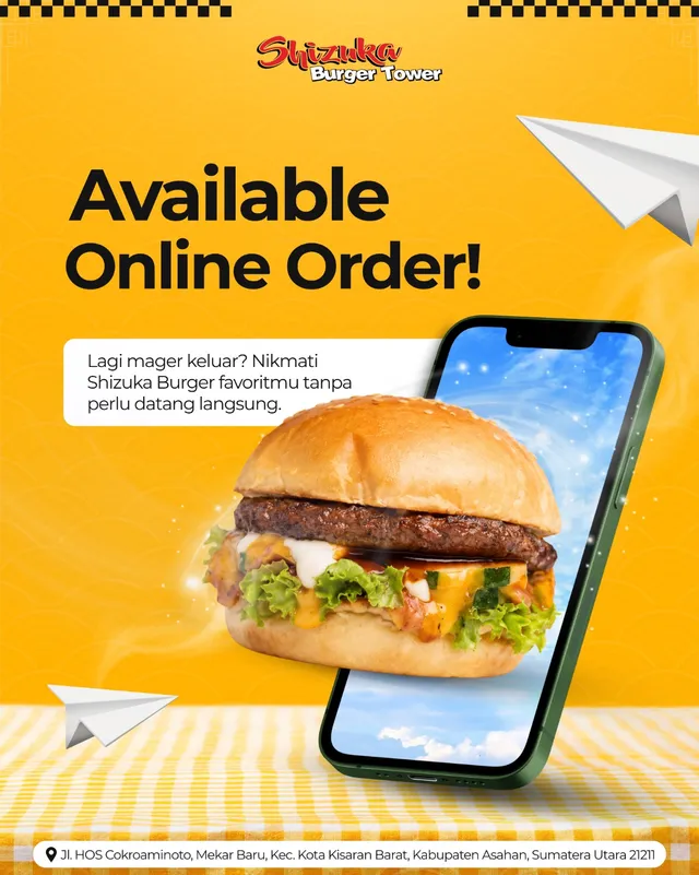 Poster Available Online Order: pesan Shizuka Burger tanpa perlu datang langsung